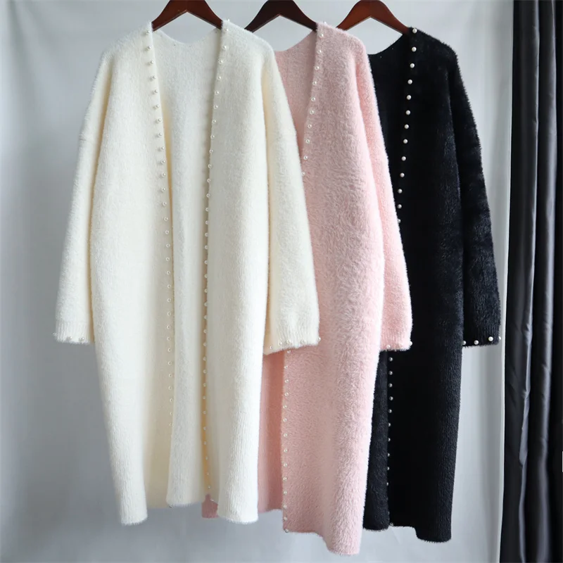 

Women Beaded Imitation Mink Fluff Knit Cardigan Top Long Jackets Autumn Winter Thick Loose Buttonless Lady Outerwear Cloak Coats