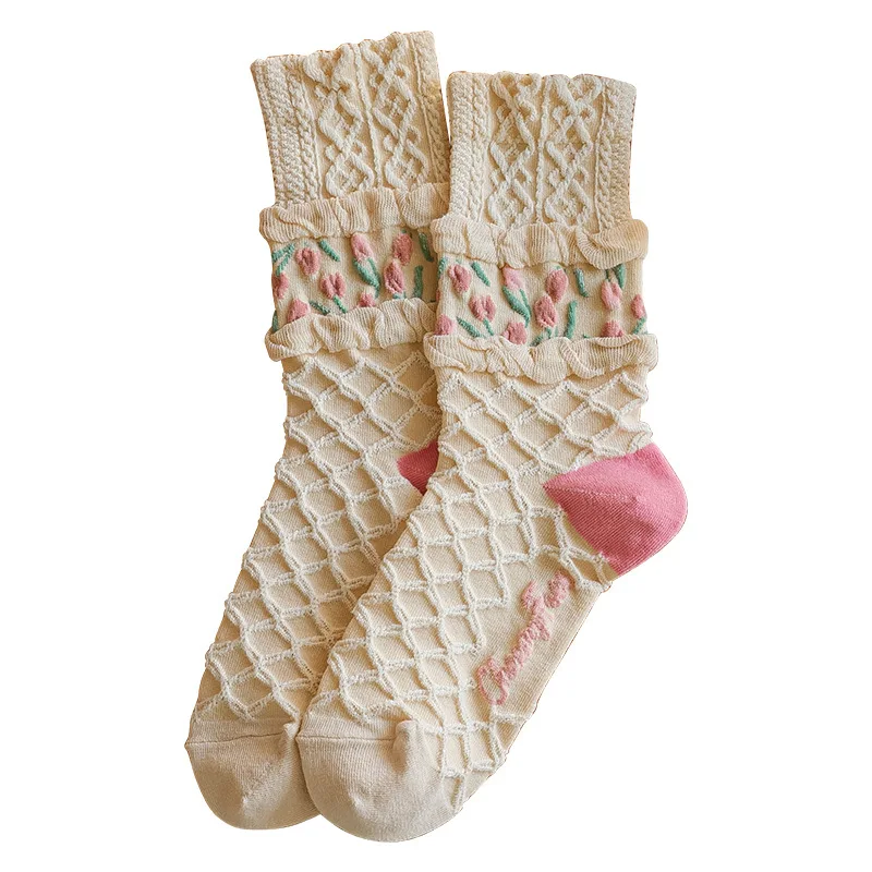 4 Pairs Women Sock Cotton for Autumn Fashion Flower Design 2022 New Arrival Leather Shoes Socks Thin