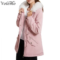 volemo 2022 autumn winter pike womens plus size mid length fleece cotton coat womens warm belt fur collar loose winter coat