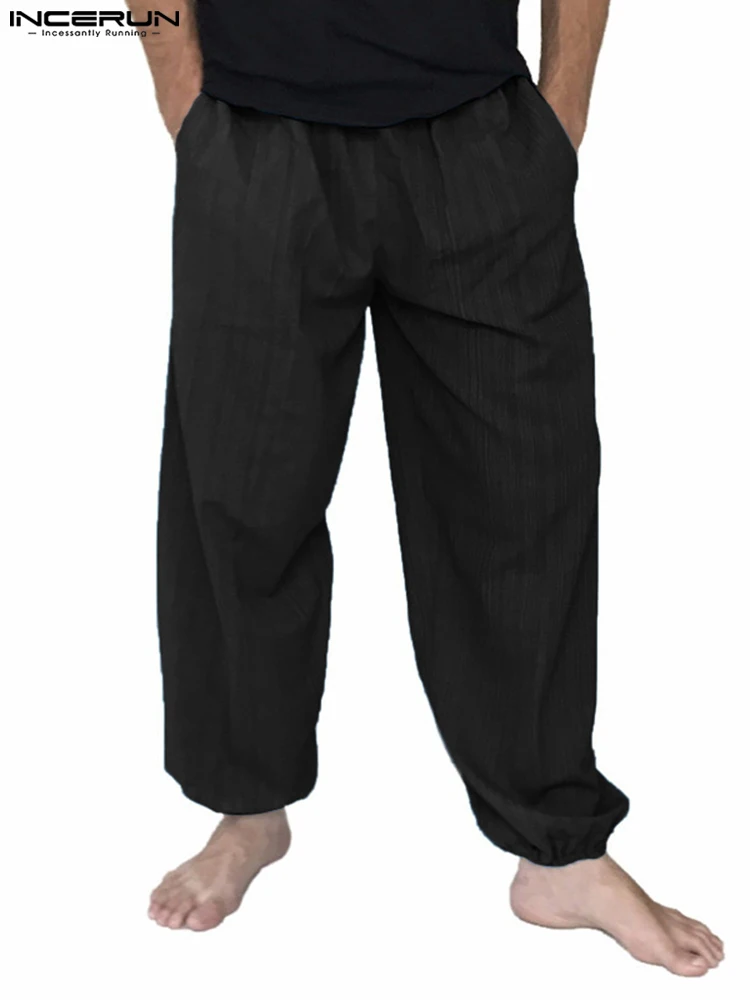 

INCERUN Men Harem Pants Solid Color Joggers Drawstring Cotton Baggy Casual Trousers Men 2022 Vinage Loose Leisure Pantalon S-5XL