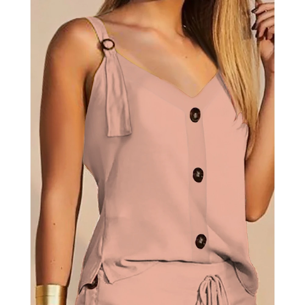 Buttoned Design Two Piece Set for Women V-Neck Casual Top & Drawstring Short Sets Y2k 2023 Summer Clothes Outfits