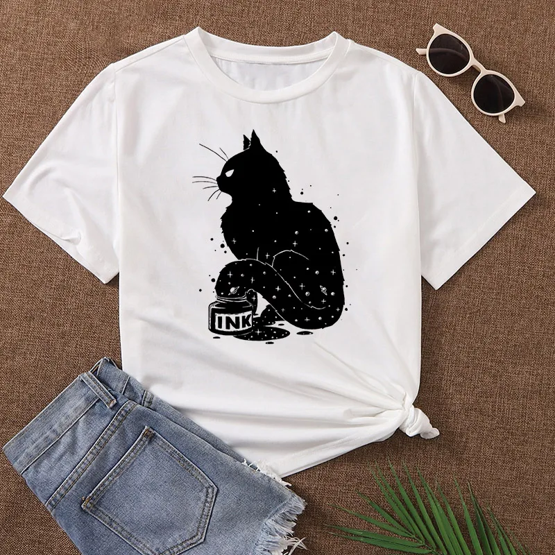 

Watercolor Short Sleeve Tees Fashion Tshirt Women Cartoon Cats Print Summer Female O-neck Harajuku Clothes Tops Graphic T Shirt