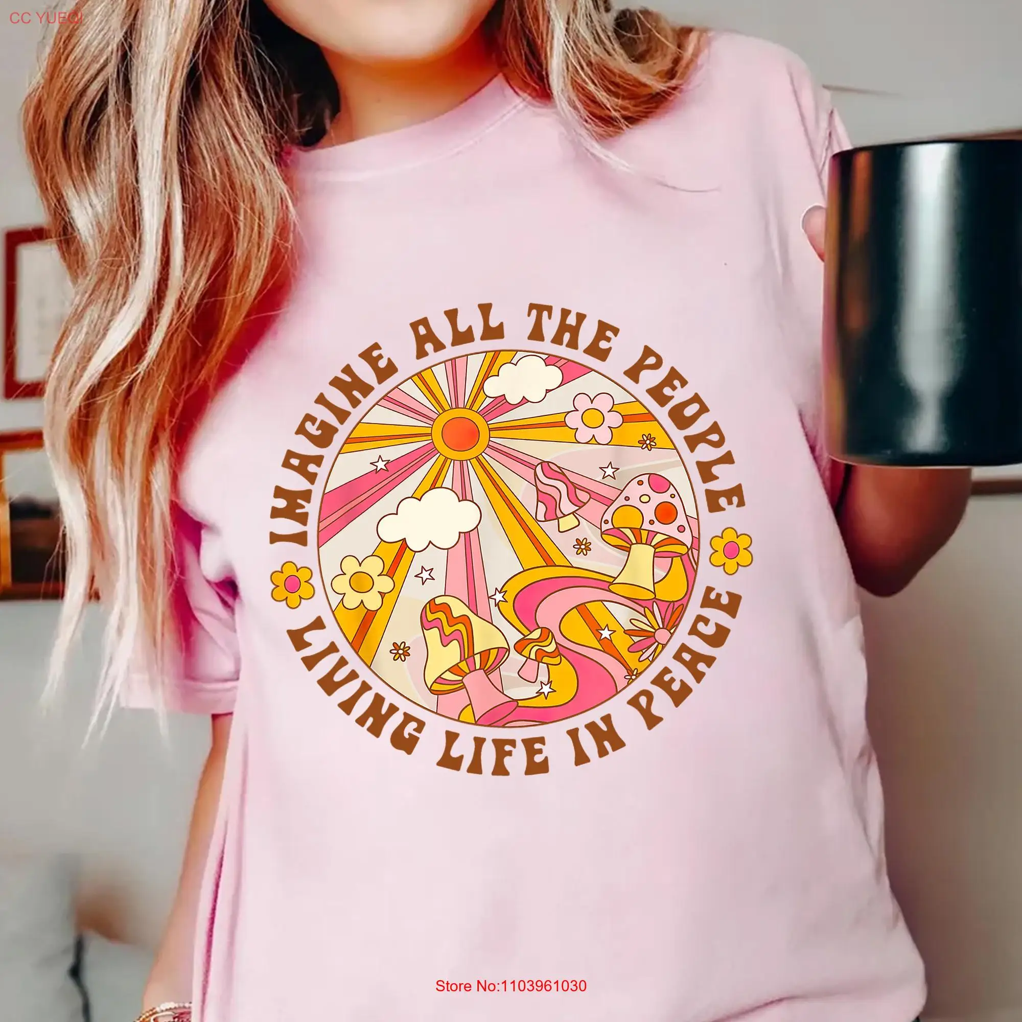 Ретро футболка Peace Imagine All the People Living Life в винтажном стиле 70-х годов бохо с грибами и