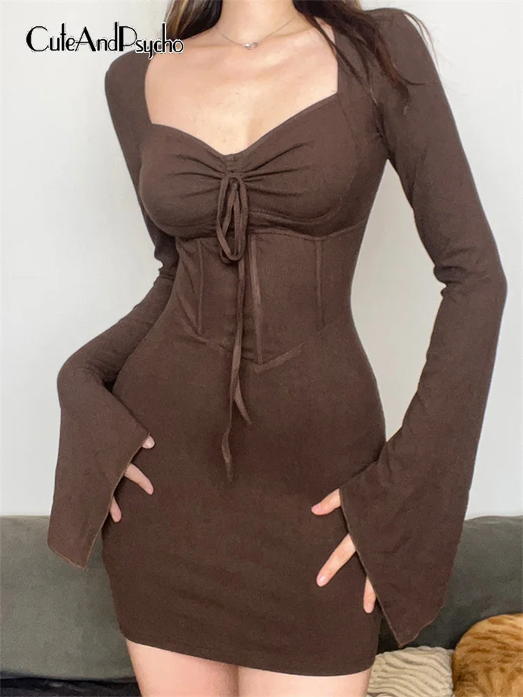 

Cuteandpsycho Solid Brown Corset Dresses Flare Sleeves Lace-up Milkmaid Fashion Y2K Slim Outfits Aesthetic 90s Chic Women Cloth