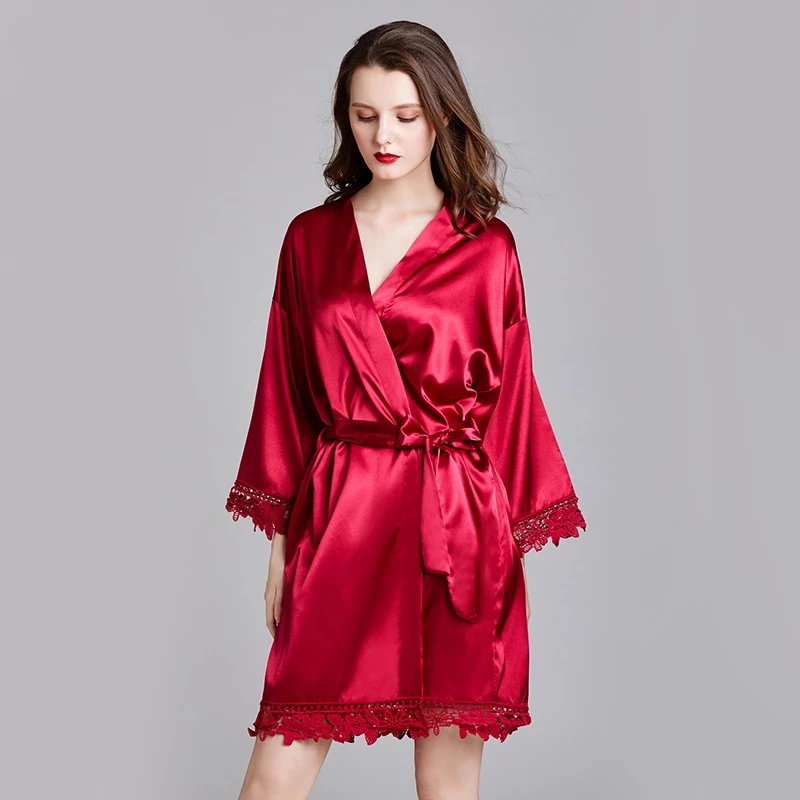 Girls Sleepwear Robe Satin-silk Women Nightgown Lace Long-sleeve Pajamas Bathrobe for Female Ladies