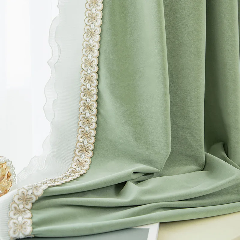 

Французская Роскошная боковая кружевная кардамоновая зеленая занавеска для гостиной бархатная занавеска для эркера спальни жалюзи # E