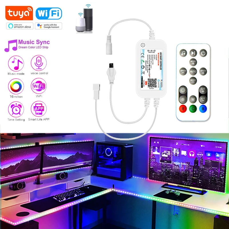 Tuya Wifi LED Controller DC5V 12V RGBIC WS2811 WS2812B LED Strip Light Dimmer With Remote Controller Smart Life for Alexa Google