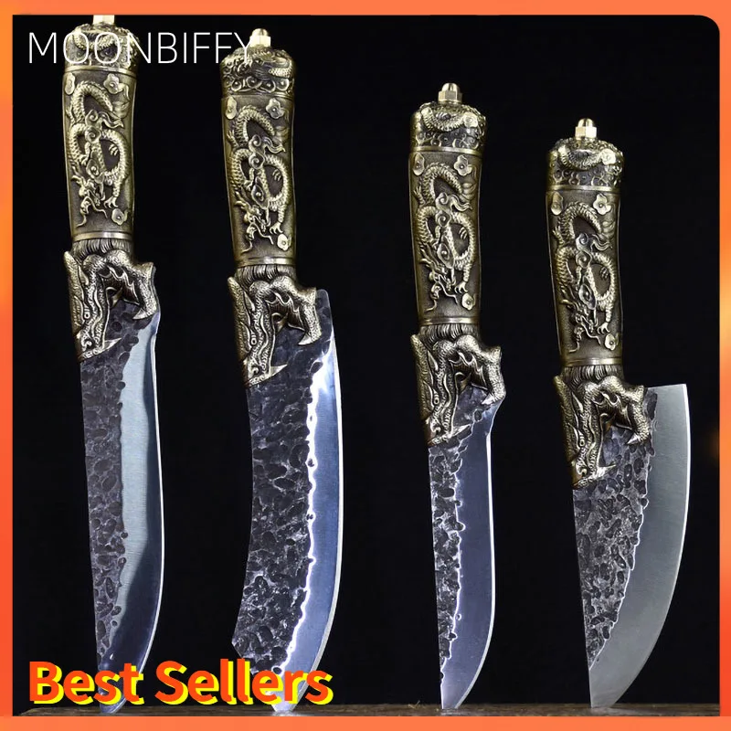 

High Carbon Steel Handmade Viking Knife Sharp Hunting Outdoors Light Luxury Kitchen Knives Set Copper Dragon Decor Handle Cocina