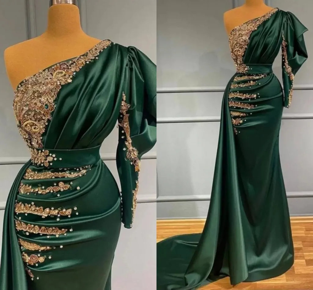 

Satin Dark Green Mermaid Evening Dress Gold Lace Appliques Pearls Beads One Shoulder Long Formal Prom Gown Vestidos de Fiesta