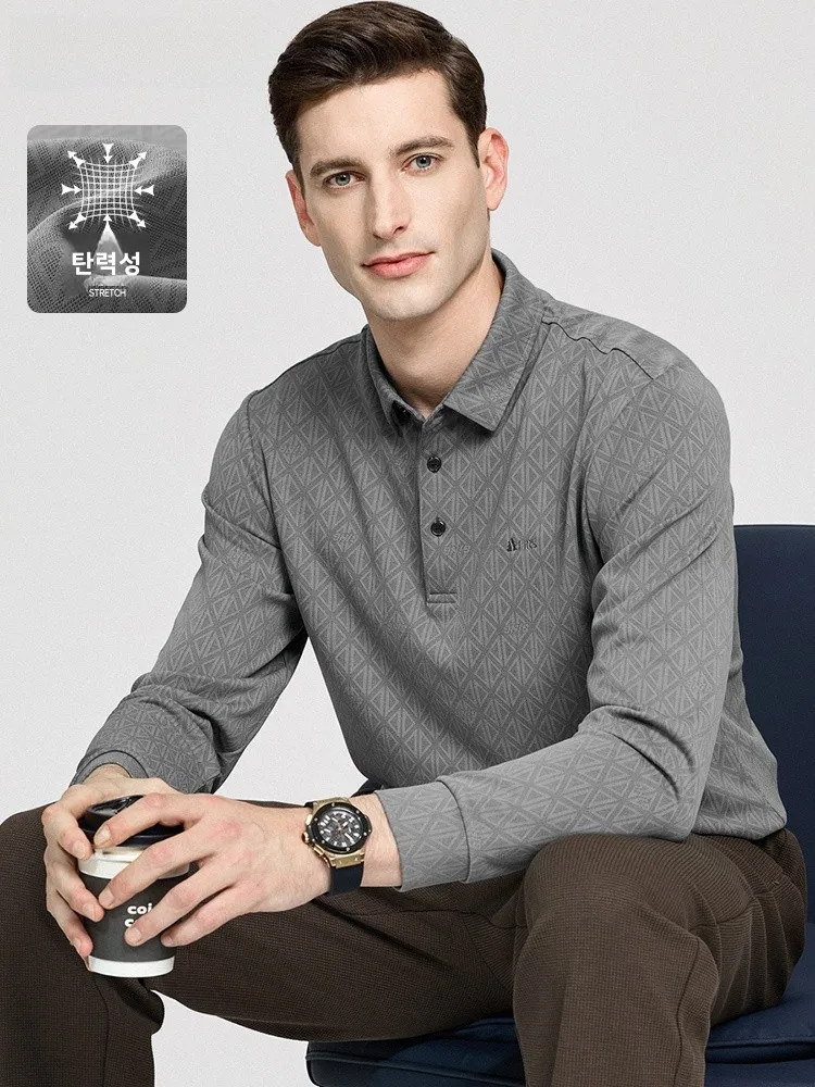 [Клетчатая стрейч] футболка Shanshan с лацканами и длинными рукавами мужская года