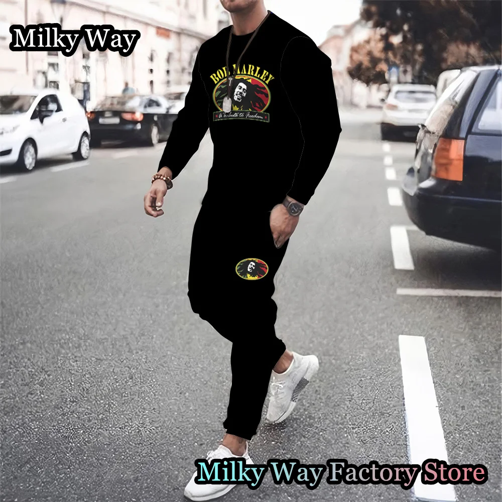 Spring Men Bob Marley Tracksuit Fashion Long Sleeve T-Shirt Trousers Set Male Jogging Suit One Love Print Clothing Casual Outfit
