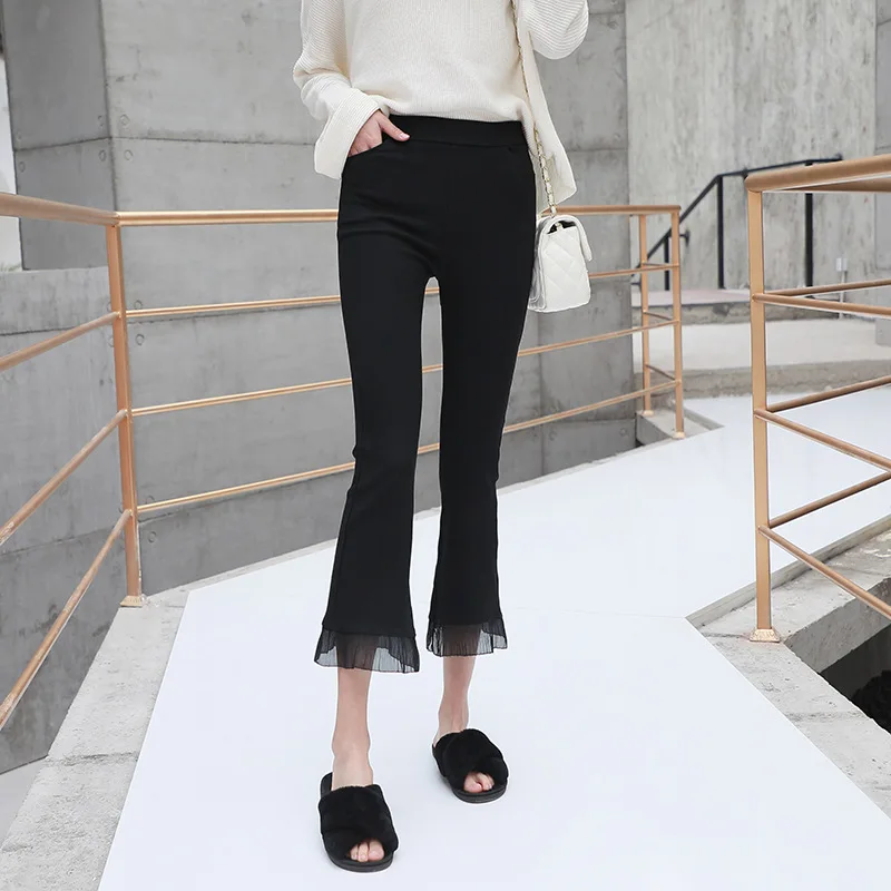Stretch High Waist Lace Splicing Pants 2021 Fashion Elegant Slim Flared Pants Women's Black Casual Tight Trousers Capris Pants