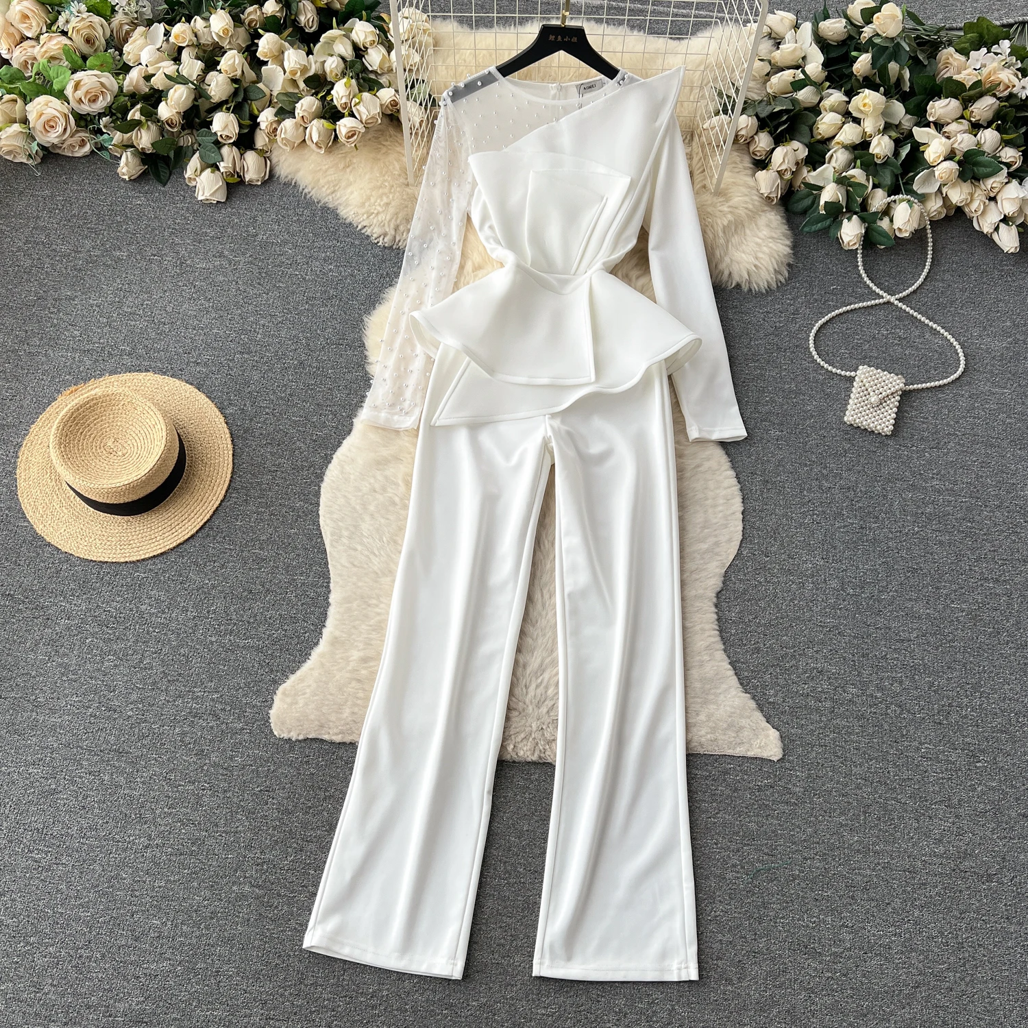 Chic O-neck Full Sleeve Tulles Patchwork Tops And Solid Color Trousers 2pcs Set