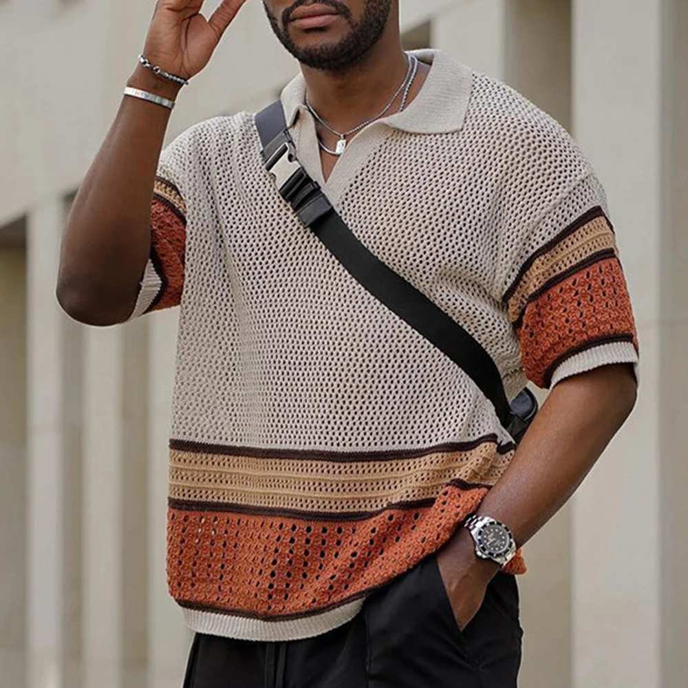 

Knit Top Mens Boho Clothing Reto Polo Shirt Men Short Sleeve Vintage Sweater Contrast Hollow Summer Men Casual T Shirts Pullover