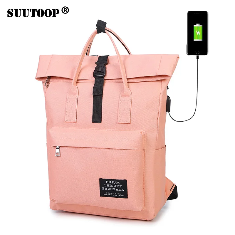 

Fashion Women Girls Backpack USB Charging Nylon Travel Backpacks Pink School Bags For Teenagers Girl mochila feminina Satchel