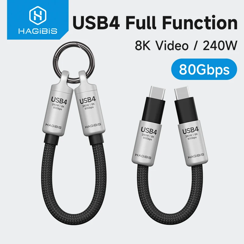Фото Кабель Hagibis USB4, портативный брелок с коротким кабелем C-C, ремешок Type-C, кабель 240 Вт, 80 Гбит/с для Thunderbolt 4/5 iPhone 16 Pro SSD №1