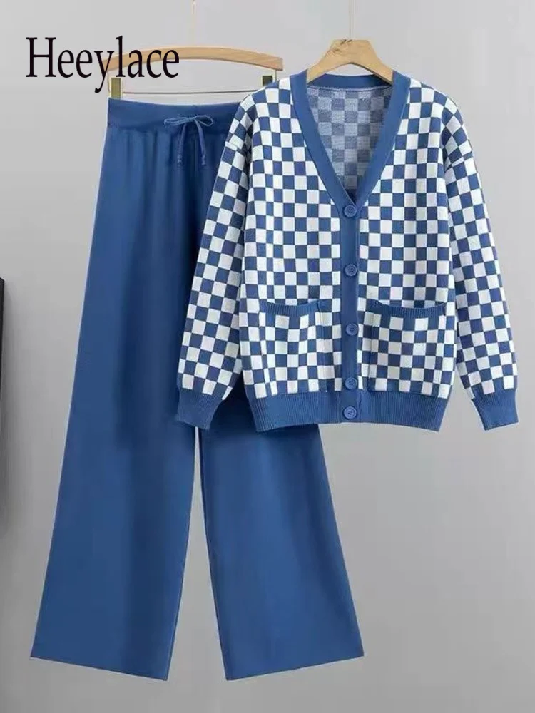 

Осенне-зимний вязаный комплект из двух предметов, женская одежда, офисные женские элегантные клетчатые вязаные кардиганы и брюки с широкими штанинами, комплекты для женщин