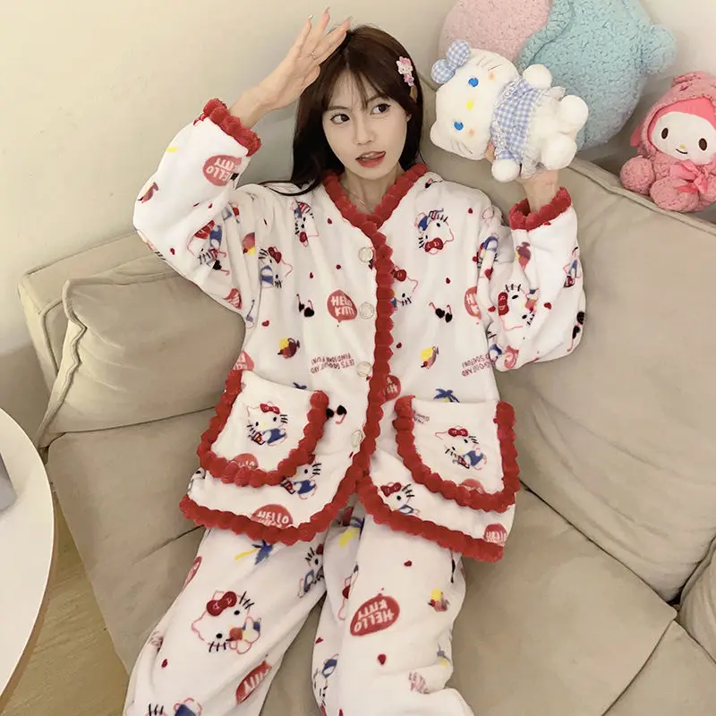 

Пижама с высокой талией Hello Kitty, милые бархатные пижамы кораллового цвета для студентов и детей, удобная домашняя пижама из двух частей
