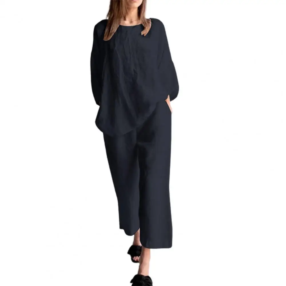 

Женский комплект из двух предметов, однотонная блузка из хлопка и льна с круглым вырезом и широкими штанинами, с быстросохнущим эластичным ...