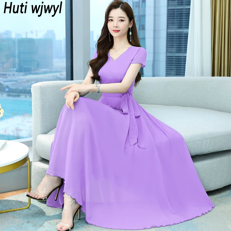 

8 Colors Summer New Chiffon Midi Elegant Dress 2023 Vintage Short Sleeve Casual Beach Sundress Women Bodycon Party Maxi Vestidos