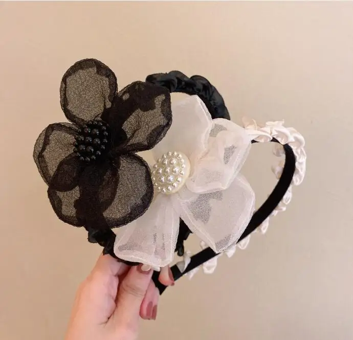 

Новые корейские тканевые Цветочные черные повязки для волос из органзы с жемчугом ins ветрозащитные аксессуары для волос для женщин