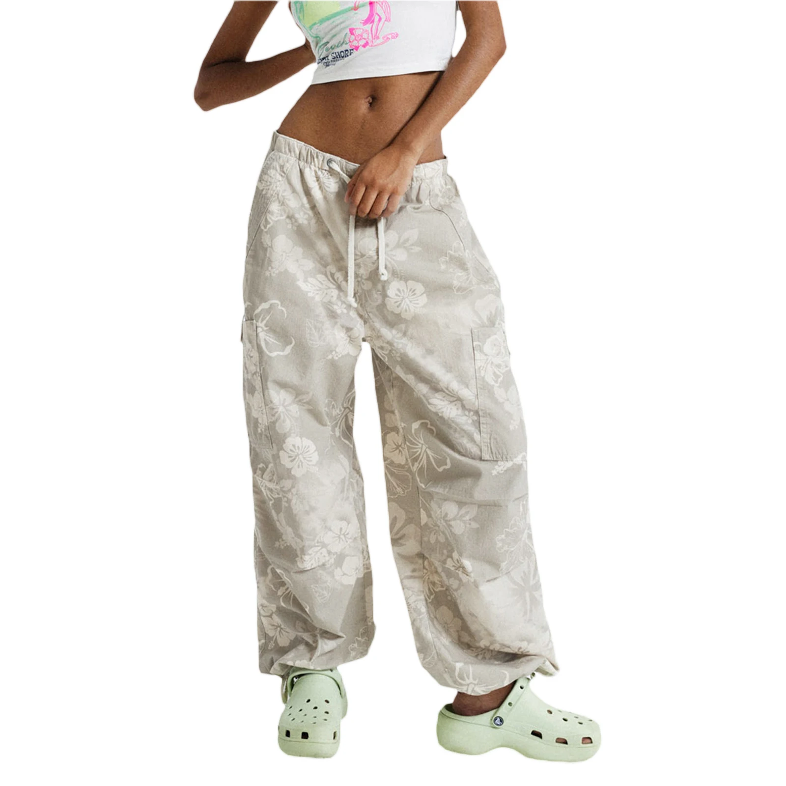 

Fashion Women's Printed Cargo Pants Gray Multi-pockets Drawstring Casual Wide Leg Pants Trousers Streetwear