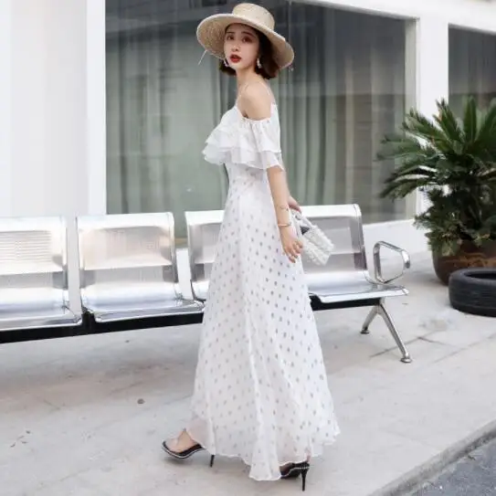 Женское шифоновое платье в стиле бохо Элегантное Длинное белое на лямках с