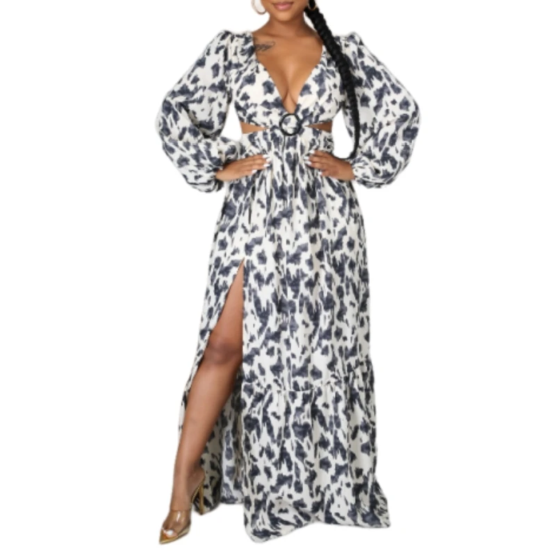 

Женское платье-макси с леопардовым принтом, элегантное привлекательное облегающее платье с длинным рукавом, узлом и глубоким V-образным вырезом, женская одежда, лето 2023