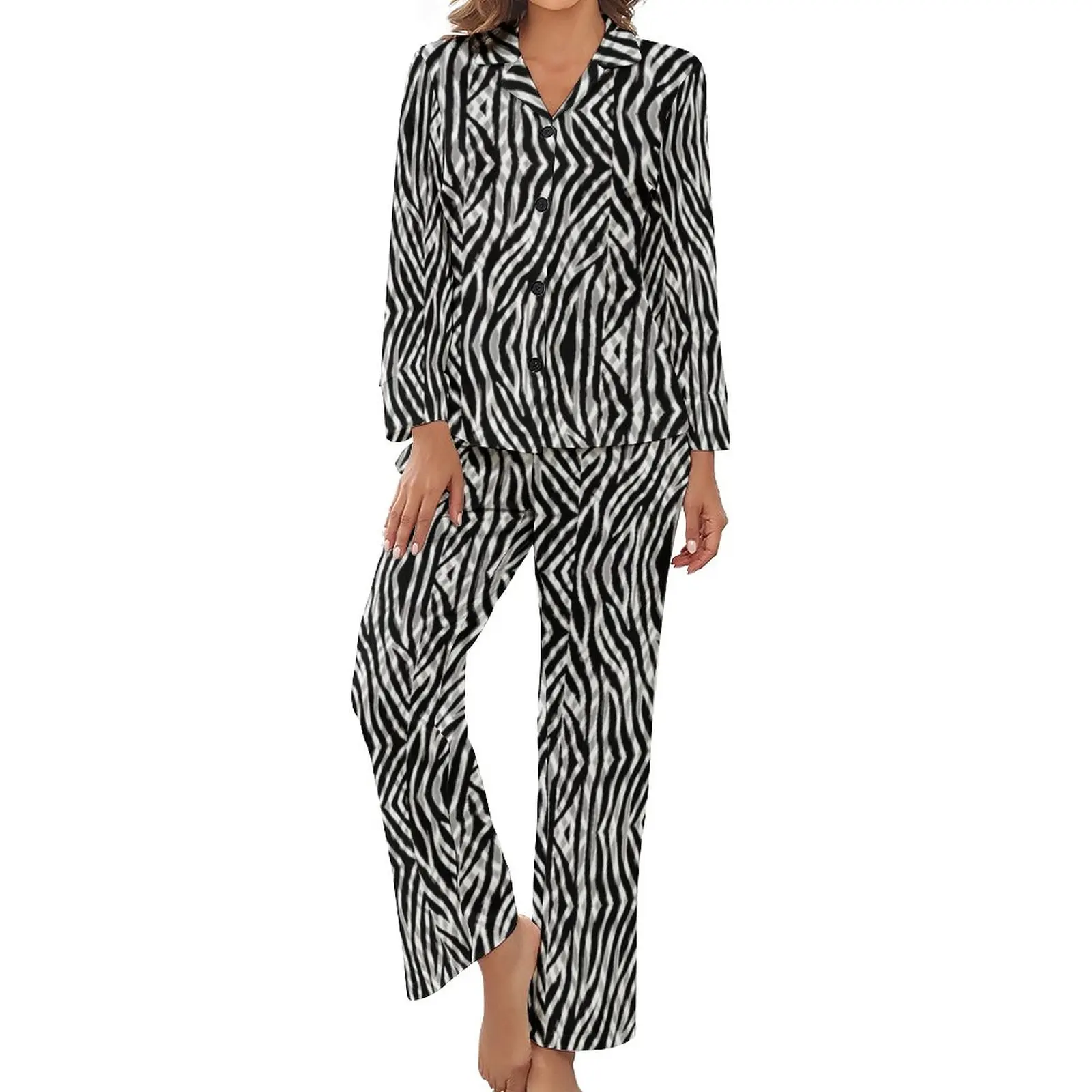 

Tribal Zebra Pajamas Long Sleeves Black White Stripes Two Piece Room Pajama Sets Autumn Lady V Neck Cute Sleepwear