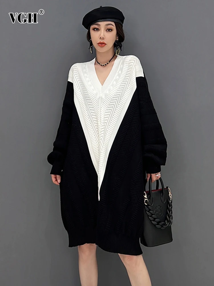 

Женское свободное трикотажное платье VGH, повседневное мини-платье составного кроя с V-образным вырезом и длинным рукавом, осенняя одежда