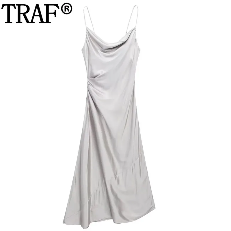 

TRAF Satin Slip Dress Woman Sleeveless Gray Long Dresses For Women Asymmetric Summer Midi Dress Ruched Backless Evening Dresses