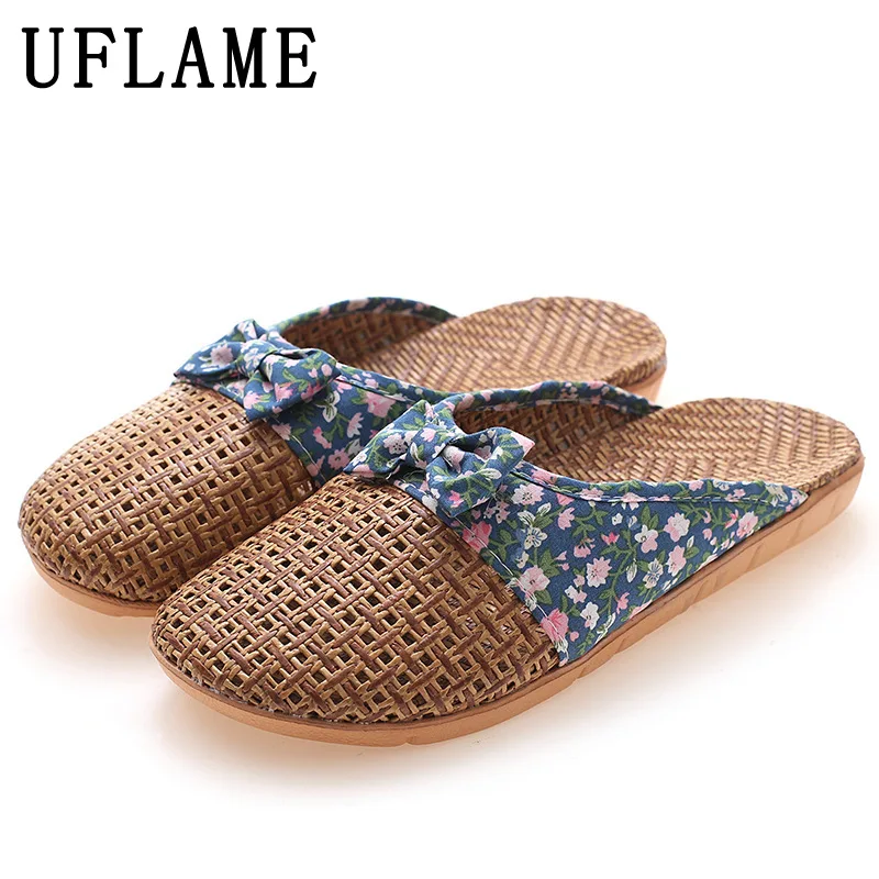 

Fahsion Summer Indoor Flat Mules Bownot Decoration Women Bohemian Sandal Linen Woven Strew Slippers Quite Indoor Home Slippers