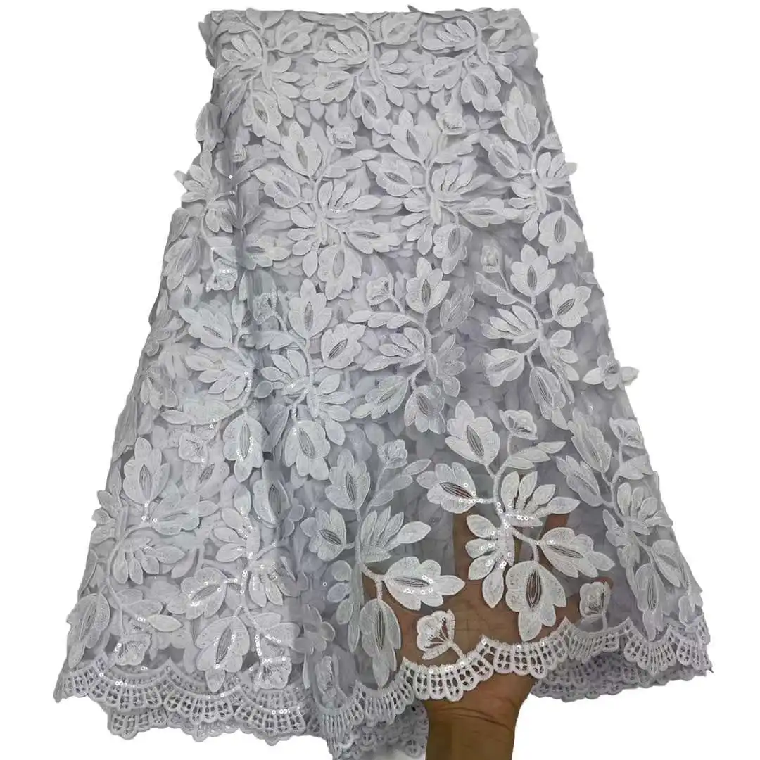 Tela de encaje de guipur africano bordado de seda de leche, tul nigeriano de alta calidad, tela de encaje de red de lentejuelas, vestido de 5 yardas