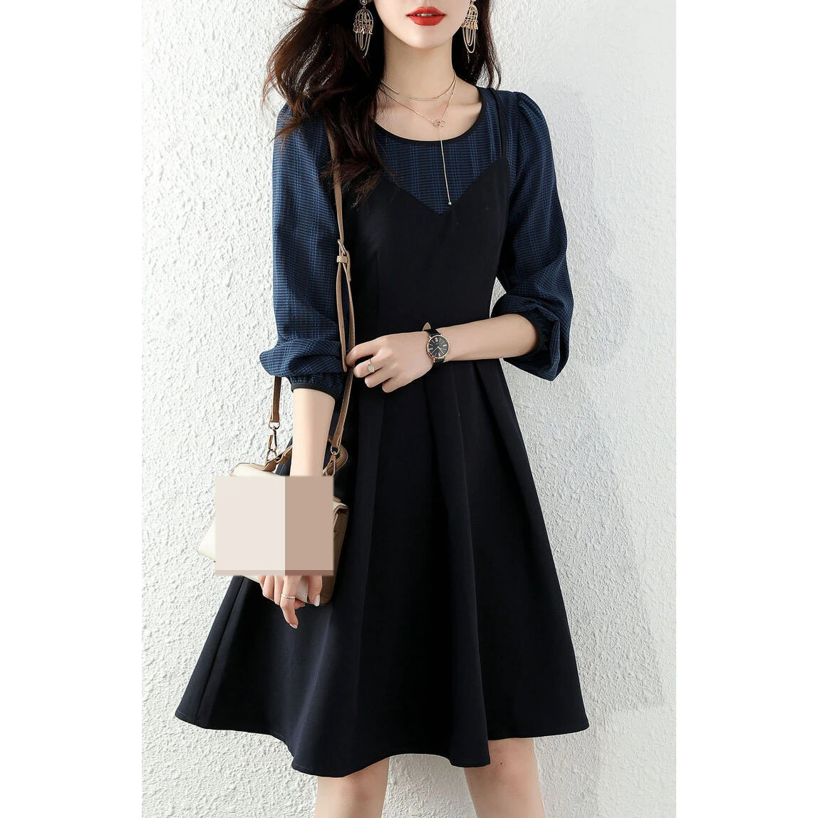 

2021 autumn new dress women suspenders Mid-Calf Regular O-Neck Spring WOMEN Solid vintage dress O-Neck