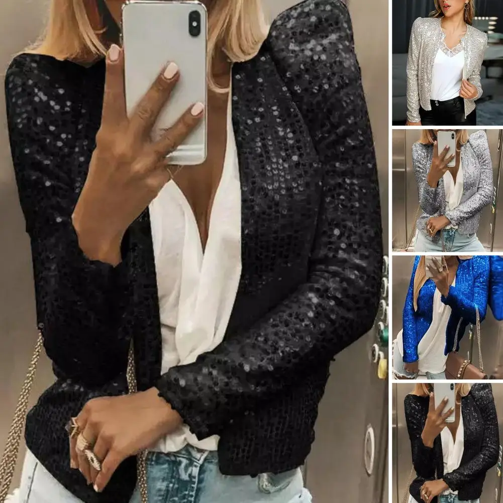 

Stylish Female Jacket Temperament Women Coat Long Sleeve Shiny Glitter Cardigan Jacket Outwear Streetwear