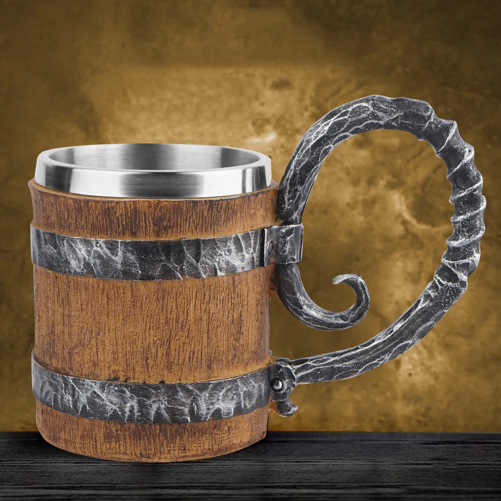 

Viking Wood Style Beer Mug Simulation Wooden Barrel Beer Cup Double Wall Drinking Mug Metal Insulated Bar Drinking Coffee Cup