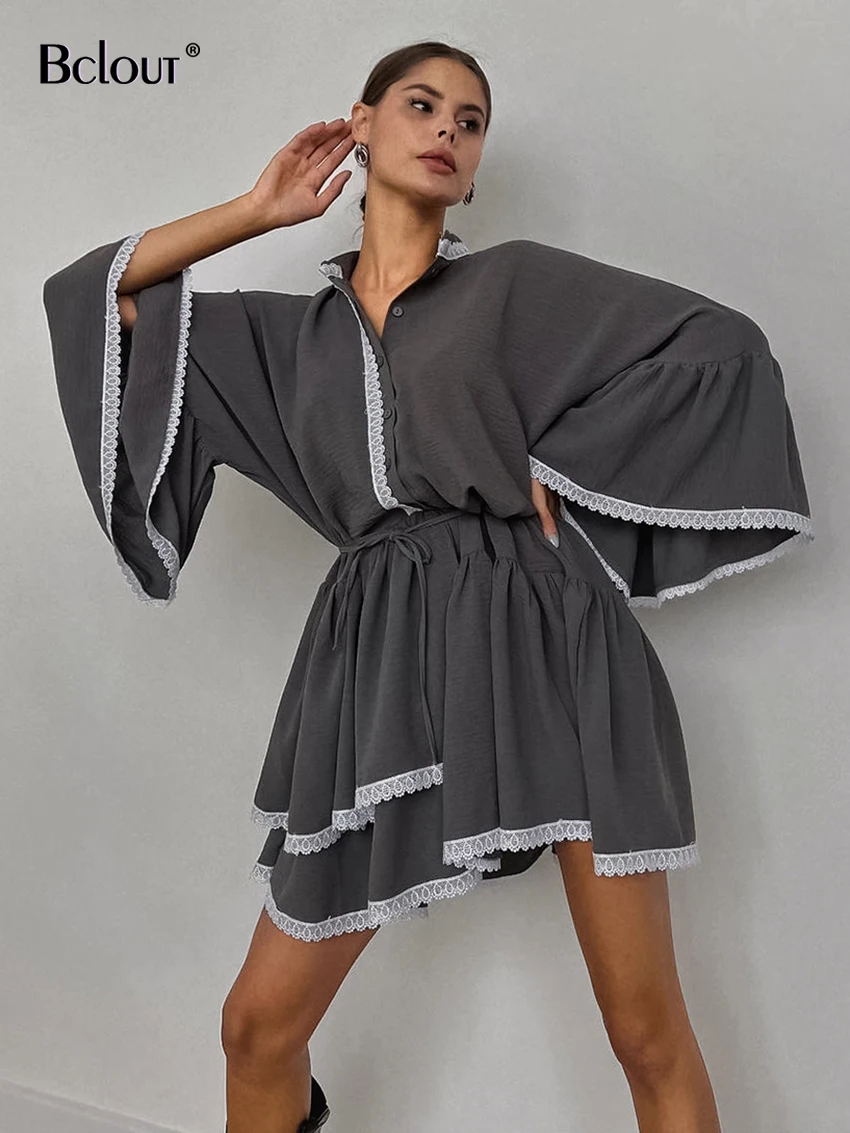 

Bclout Elegant Patchwork Ruffled Dress Women 2023 Spring Lace Flare Sleeve Loose Dresses Fashion Ruched A-Line Sexy Mini Dresses
