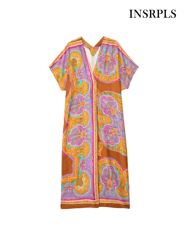 

INSRPLS Women Fashion Front Pleats Printed Loose Midi Dress Vintage V Neck Short Sleeve Female Dresses Vestidos Mujer