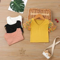 girls summer v neck solid color splicing colorful mesh puff sleeves girls t kids summer clothes fashion clothes