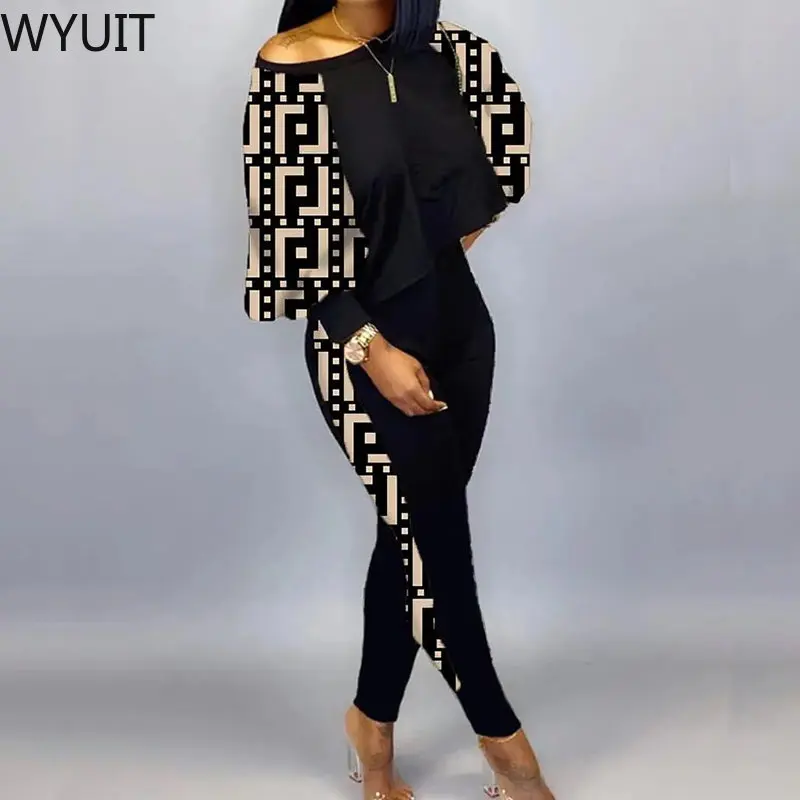 

Women Casual Loose Two Piece Set Fashion Sparkle Print Tracksuit Outfits Sexy Off Shoulder Sweatshirt Tops And Pencil Pants Suit