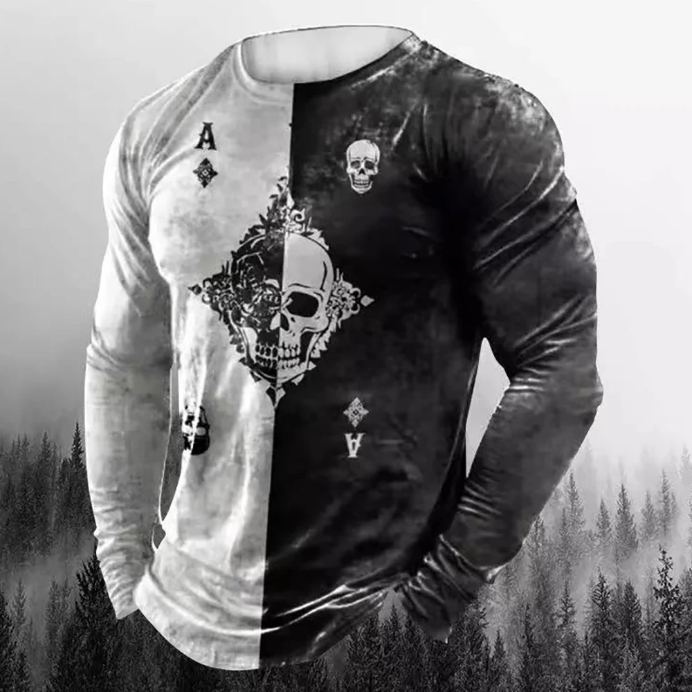 

Fashion Poker A Skull 3D Print Men's Long Sleeve T-shirt Spring Autumn O-Neck Loose Soft Vintage Cotton Comfortable Men Clothing
