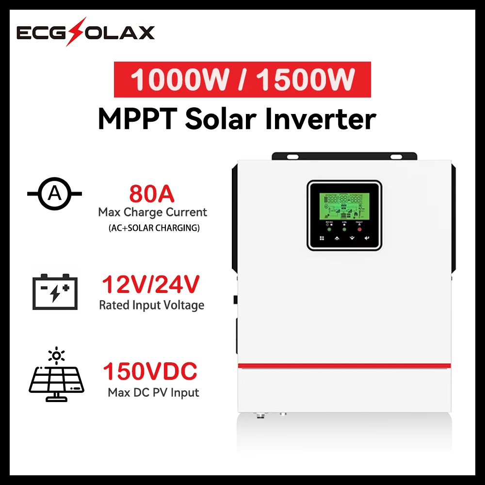 

ECGSOLAX 1000W 1500W Hybrid Solar Inverter 12V 24V 220V Off Grid Pure Sine Inverter Build in 80A MPPT Solar Charge Controller