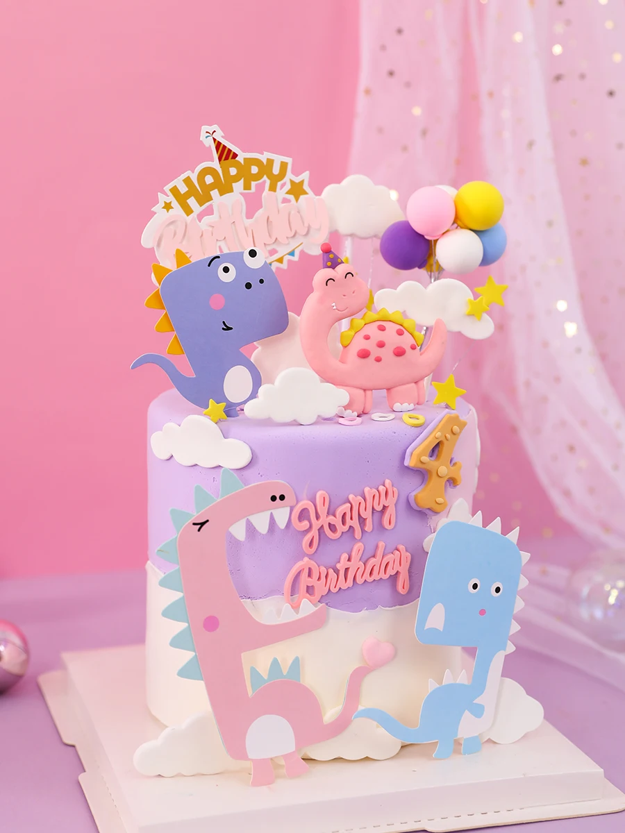Pink Girl Baking Cake Decoration Cartoon Party Dinosaur Plug-in Cute Baby Happy Birthday Cake Topper Dinos Jurassic