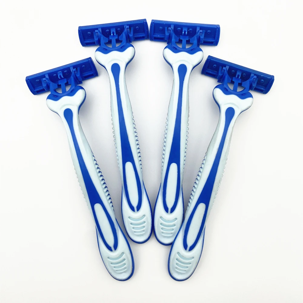 4PCS Manual Razor Set 3 Layer Sharp Blades Rubber Handle Barbeador for Men and Women Shaving Bikini Hair Removal Blue Pink Color