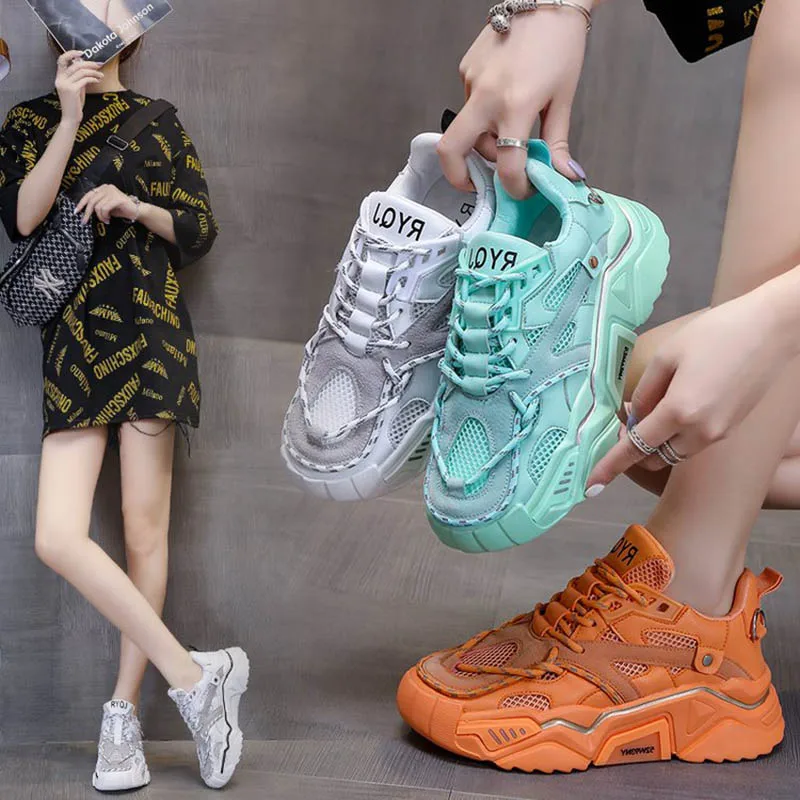 

Кроссовки женские сетчатые на платформе, дышащие спортивные туфли, популярная обувь для фитнеса, бега, карамельные цвета