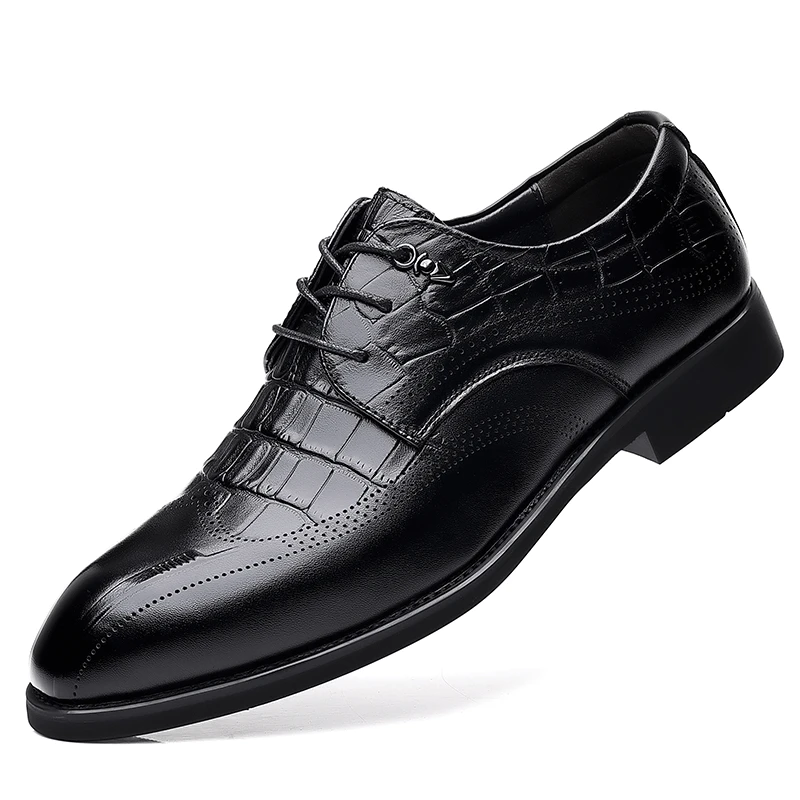 

Men Black Casual Leather Shoes First Layer Cowhide Crocodile-Print Lace Up Shoes British Business Dress Youth Leather Flats 6A