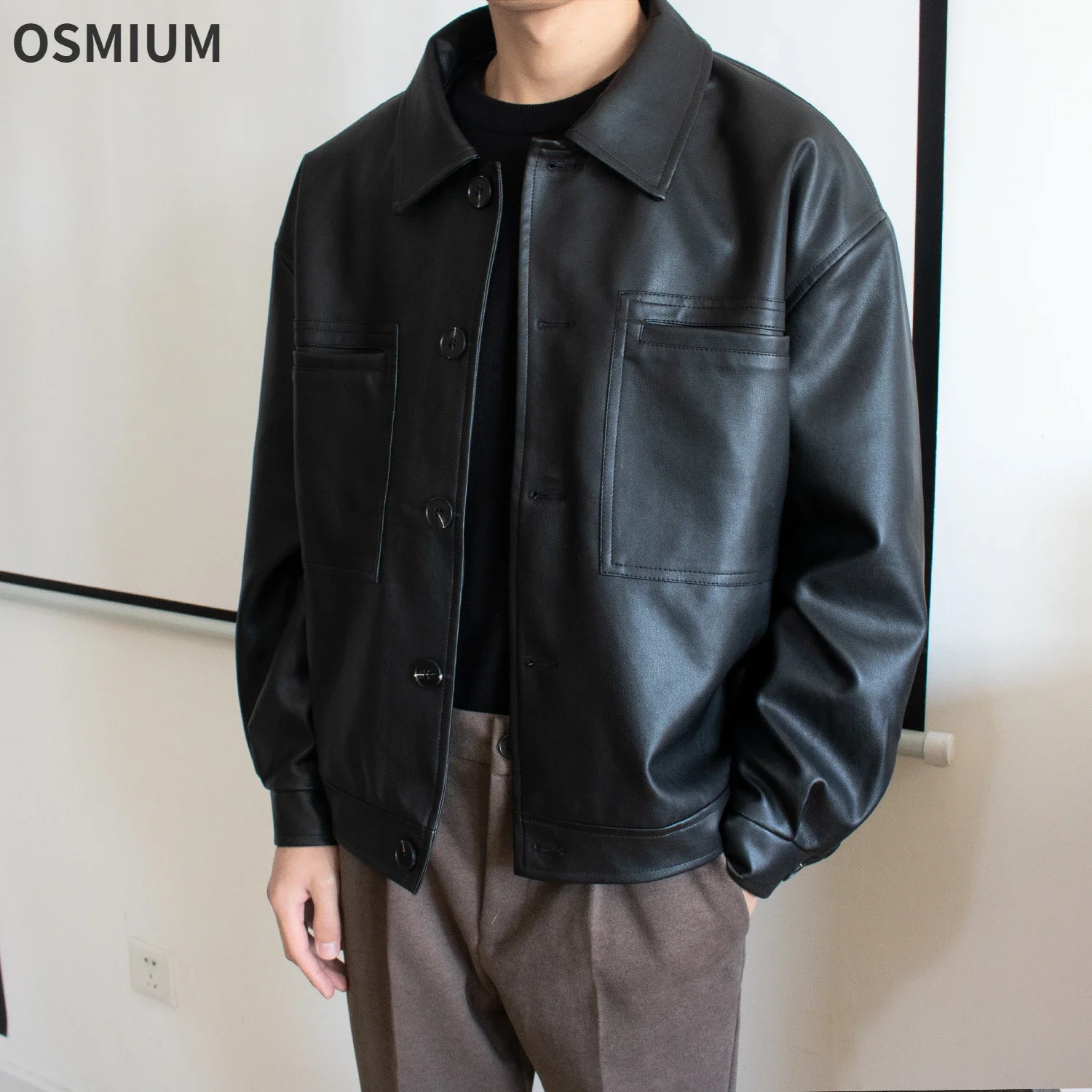 Мужская свободная куртка из искусственной кожи короткая мотоциклетная кожаная в