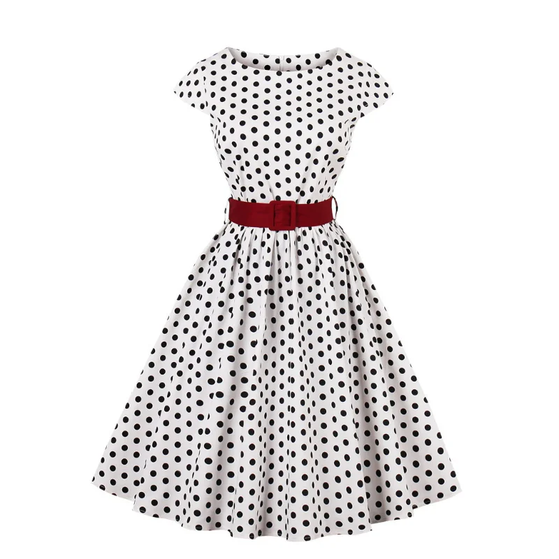 

Women's 50's Polka Dots Cap Sleeve Pleated Vintage Evening Dress Vintage 1950s Retro Rockabilly Prom Dresses Midi Gown with Belt