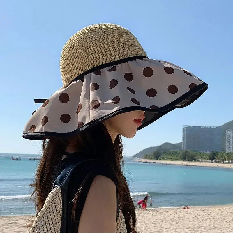 

Korean Style Summer Big Brim Black Rubber Sun Hat Female Beach Full Face Cover Ultraviolet-Proof Sun Hat Polka Dot Bucket Hat