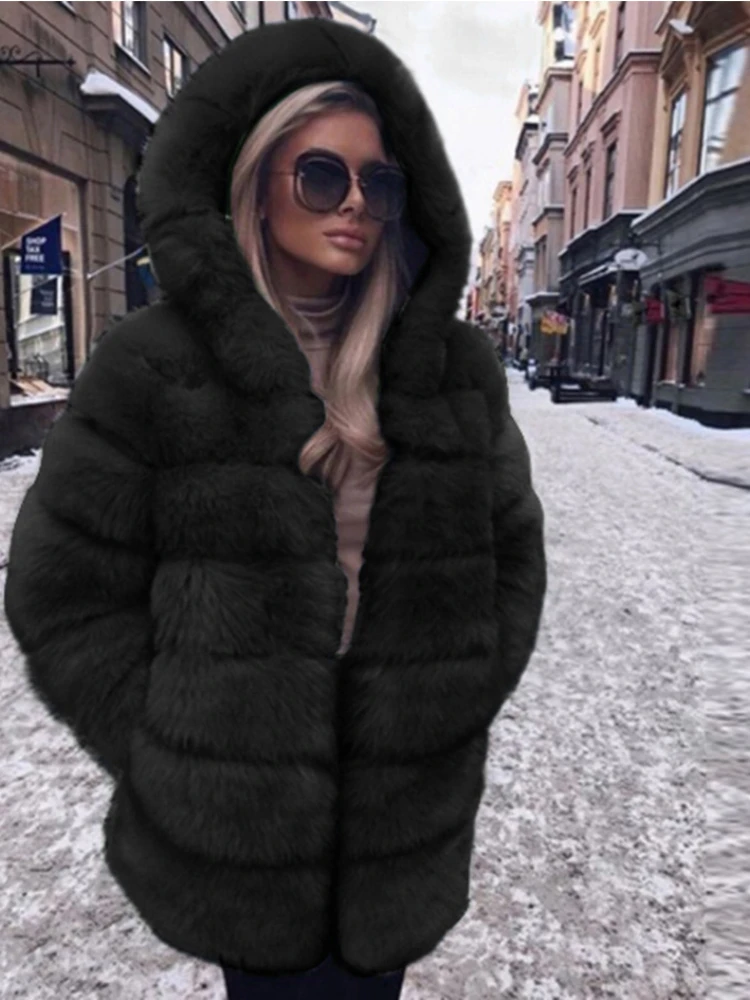 ICCLEK Haining fur 2019 imitation fur fox fur long sleeve hooded fur coat women's coat